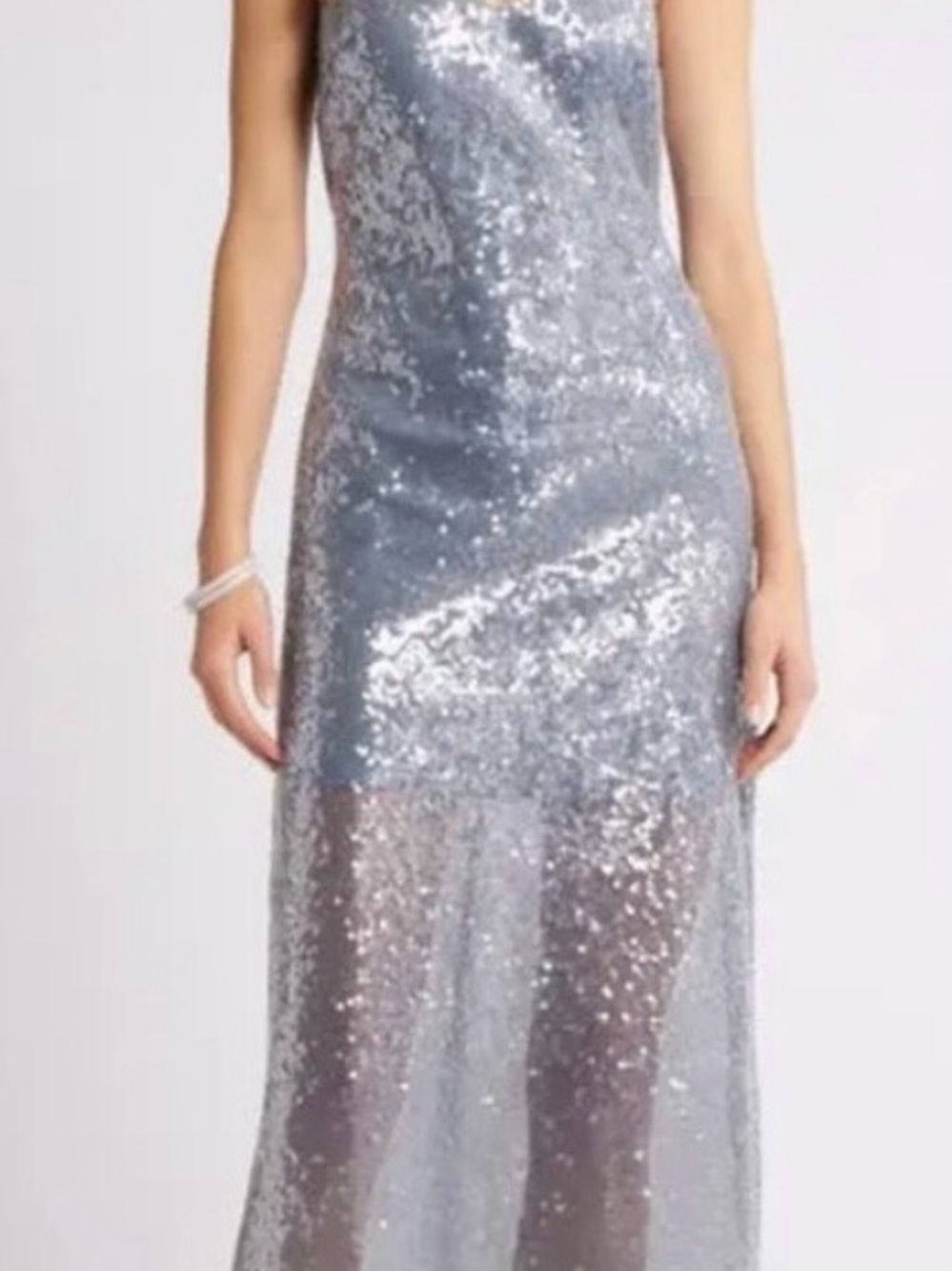 Silver Sequin Maxi Dress with Sheer Overlay